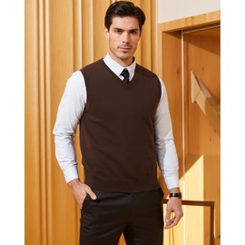 Kallspin Men's Pure Cotton Sweater Vest V Neck Regular Fit Knit Sleeveless Pullover Sweater(Brown, XL)
