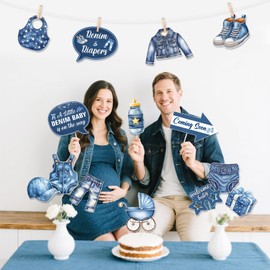 Jollyboom Denim Baby Shower Decorations, 24cps Blue Jean Photo Booth Props for Welcome a Little Denim Baby is On The Way Decorations Pregnancy Gift