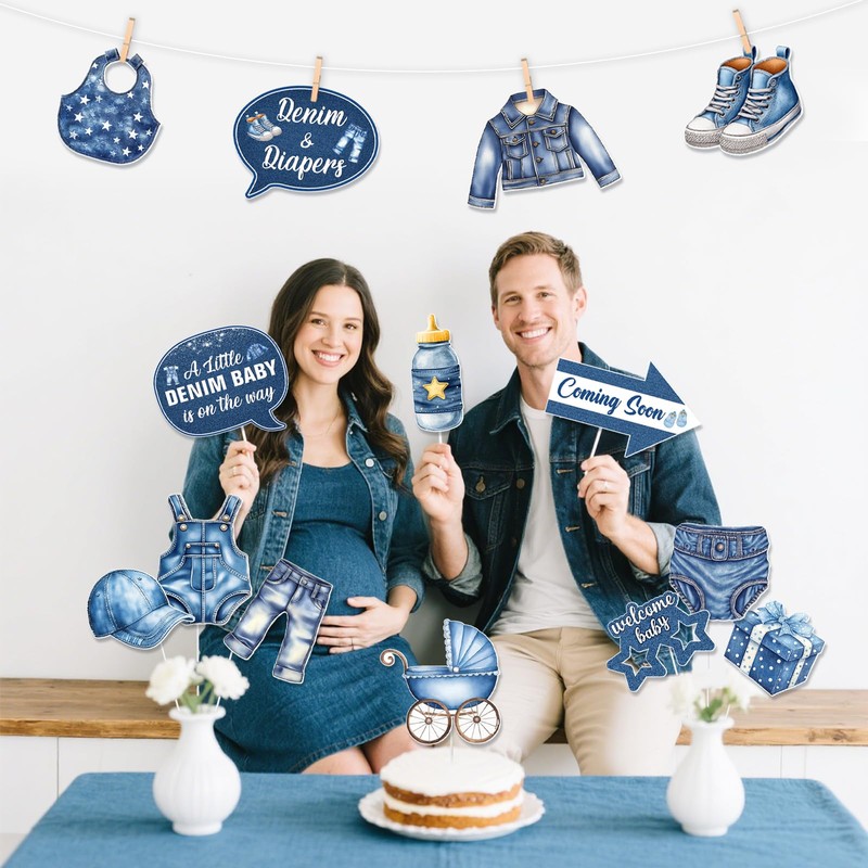 Jollyboom Denim Baby Shower Decorations, 24cps Blue Jean Photo Booth