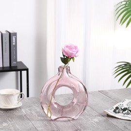 PORPAN Glass Vase, Donut Vase, Pink Glass Vase, Flower Vase, Decorative Vase, Modern Vase, Round Glass Vase for Home, Living Room, Dining Table, Entryway, Mantle, Shelf, Wedding, Office, Coffee Table