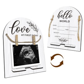 Hello World Baby Newborn Wooden Sign - Ultrasound Picture Frame With Stand - Double Sided Print Unfinished Baby Announcement Plaque - Hospital Nursery Baby Milestone Board & Pregnancy Gift(White)- A04