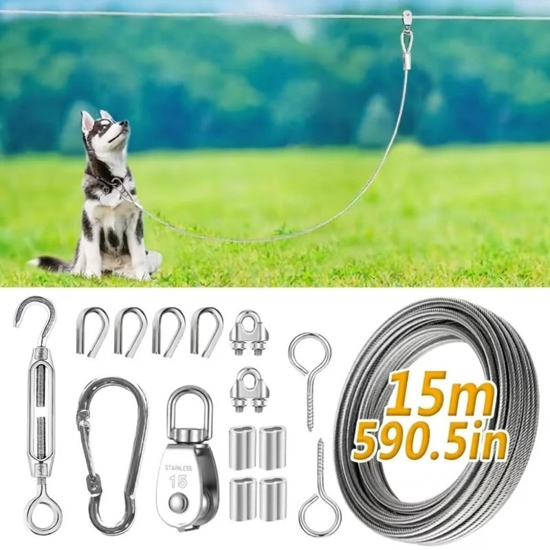 Outdoor Dog Tie Out Trolley Cable System Kit with Pulley,