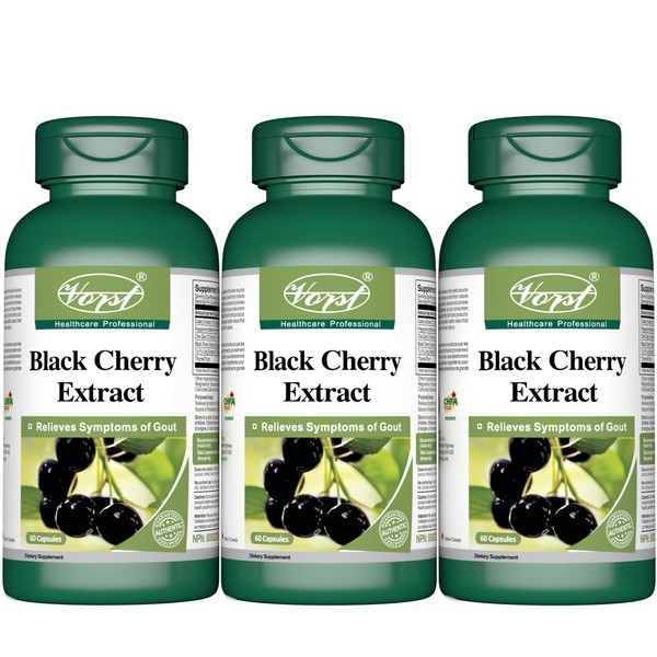 Black Cherry Extract 600mg 3 X 60 Capsules with Thyme Peppermint and Celery Gout Pain Relief Treatment Uric Acid Supplement | 3 Bottles