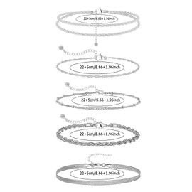WinHoliLux 5 Pcs Silver Ankle Bracelets for Women, Silver Anklets for Women, Women's Anklets Waterproof Dainty Layered Anklet Set Ankle Chains Adjustable Beach Foot Chain Jewelry Gift for Summer Day