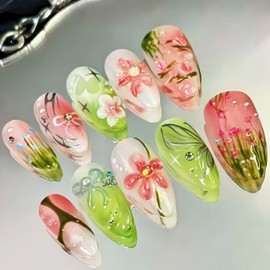 30Pcs Pink Flower Press on Nails Medium Almond Fake Nails with Pearl Rhinestones Designs Handmade False Nails Cute Bow Nails Stick on Nails Spring Summer Hibiscus Glue on Nails Acrylic Nails for Women