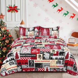 FRAMICS Christmas Quilt King Size Red, 3 Pieces Buffalo Plaid Quilt Sets with 2 Pillow Shams, Christmas Tree Beding Set Reversible Lodge Bear Quilts, Farmhouse Christmas Bedspread Coverlet, 106"x96"