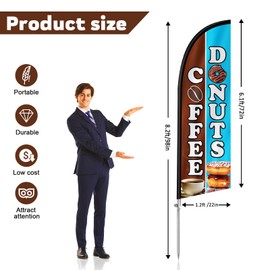 QSUM Coffee Donuts Flag for Business, 8FT Coffee Donuts Feather Flag Banner, Polyester Advertising Swooper Flag with Aluminium Alloy Flag Pole Kit, Stainless Steel, Ground Spike, Portable Bag