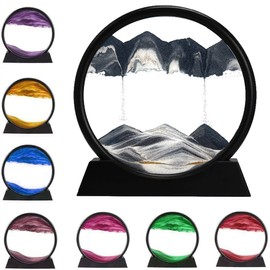 3D Dynamic Sand Art Liquid Motion, Moving Sand Art Picture Round Glass 3D Deep Sea Sandscape in Motion Display Flowing Sand Frame Relaxing Desktop Home Office Work Decor (Black, 7'')