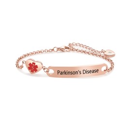 FGT Parkinson's Disease Rose Gold Medical Alert ID Bracelet for Women Men Emergency Medical Jewelry Heart Stainless Steel Adjustable Chain Bracelet