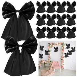 Hoteam 12 Pack Large Black Satin Bow Birthday Party Decoration 8.8 x 12 Inch Ribbon Bow with Silver Twist Ties and Double Sided Stickers for Christmas Coquette Baby Showers Wedding Party Garland Decor