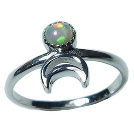 Myhealingworld Moon 925 Sterling Silver Natural Ethiopian Multi Fire Opal 4mm Round Cabochon Gemstone Ring Birthstone Jewelry Ethiopian Opal Ring Jewelry Gift For Her, Sterling Silver Gemstone, Ethiopian Opal