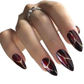 ZEPIQOR 24pcs Red Black Press On Nails Almond Shape False Nails with Golden Curved Line Design with Glue Stick on Nails