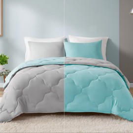 Comfort Spaces Vixie Reversible Comforter Set - Trendy Casual Geometric Quilted Cover, All Season Down Alternative Cozy Bedding, Matching Sham, Aqua/Gray, Full/Queen 3 piece