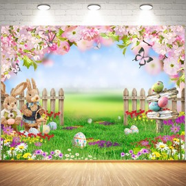 Spring Easter Backdrop Spring Pink Flower Photography Backdrop Easter Rabbit Colorful Eggs Garden Photo Background Butterfly Party Decoration Banner 7x5Ft