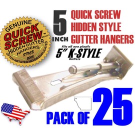 25 Pack Quick Screw 5" inch Aluminum Hidden Rain Gutter Bracket Hook Clip Style Hangers with pre Inserted 3" Long ¼" hex Head self Drilling Screw