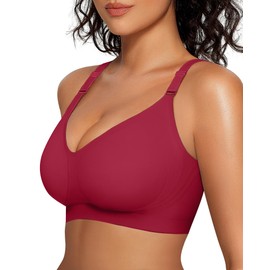 OEAK Womens Seamless Bras Comfortable Bra No Underwire Full Support Bralette Push Up Plus Size V Neck Sleeping Tshirt Bras Wine Red XL