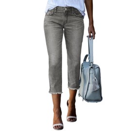 Sidefeel Women's Straight Leg Capri Jeans Trendy 2025 High Waisted Stretchy Summer Denim Capri Pants Gray Size 14