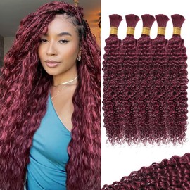 Burgundy Human Braiding Hair for Boho Braids 160g 5 Bundles/Pack 22 Inch Curly Boho Hair for Braiding Knotless 12A Deep Wave Bulk Bohemian Color 99J