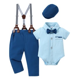 CARETOO Baby Suits For Boys Baby Boy Outfits Baby Tuxedo Dress Shirt/Bowtie/Suspender Pants Set Blue 6-12months