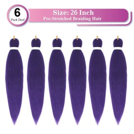 Purple Braiding Hair Pre Stretched EZ Braiding Hair 6 Packs/Lot 26 Inches Yaki Texture Braiding Hair Hot Water Setting Synthetic Fiber for Crochet Hair Extensions (#Purple)