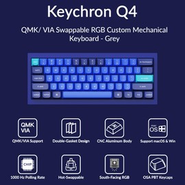 Keychron Q4 Wired Custom Mechanical Keyboard, 60% Layout QMK/VIA Programmable Macro with Hot-swappable Gateron G Pro Brown Switch Double Gasket Compatible with Mac Windows Linux(Navy Blue)