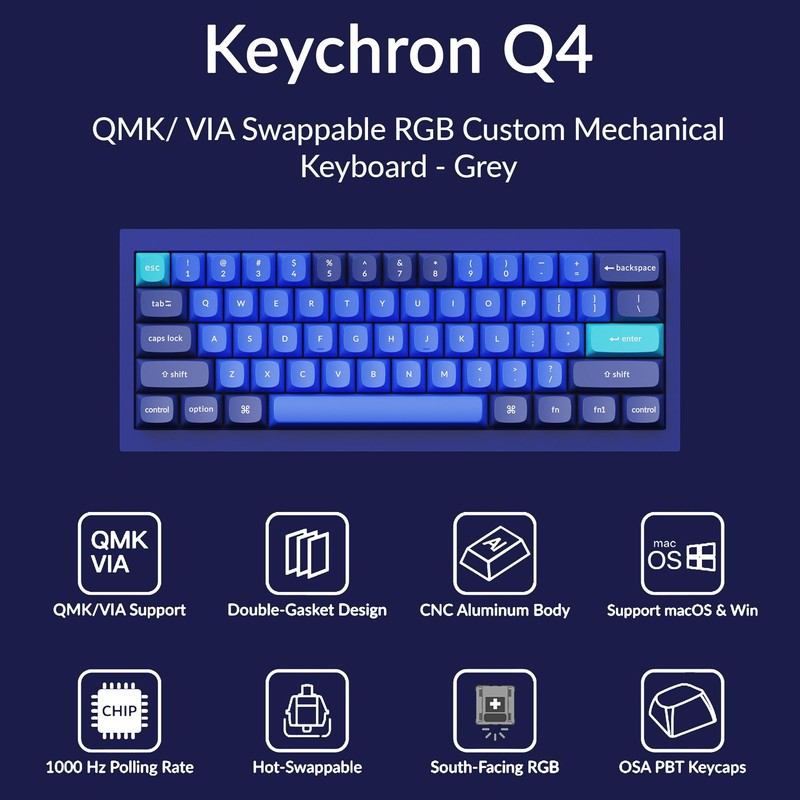 Keychron Q4 Wired Custom Mechanical Keyboard, 60% Layout QMK/VIA Programmable