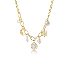 Charm Necklace for Women Dainty Star and Moon Necklaces Trendy Baroque Pearl Charm Pendant Necklace Chunky Gold Layered Necklace Party Statement Jewelry Accessories