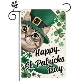 Cat St. Patrick's Day Clover hat Garden Flag 12x18 Double-Sided Green Spring Welcome Yard Flag Outdoor Decor