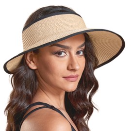 Joywant Sun Visor Hats for Women, Women's Summer Ponytail Foldable Straw Beach Hat with UPF 50+, Lisa-beige, One Size