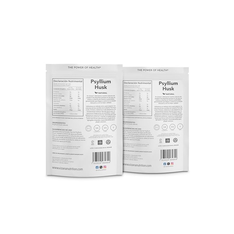 VIZANA NUTRITION | Psyllium Husk Natural, 600g Sin Azucar, Cáscara