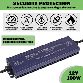12V LED Driver IP67 Waterproof 12V 8.3A 100W Power Supply Transformer 100~264V AC to 12Volt DC Low Voltage Output,Ultra Thin Constant Voltage LED Power Adapter for Outdoor Light,Computer Project,CCTV