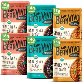 BeanVIVO - Variety 6 Pack (10 oz each) - Organic Baja Black Beans, Three Bean Vegan Chili, BBQ Pinto Beans - Seasoned & Ready to Eat, Plant Protein, Vegan, Gluten Free, Microwaveable, Instant Meals