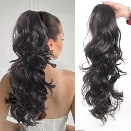 Msysmyx Drak Brown Drawstring Ponytail Extension Long Brown Wavy Curly Drawstring Ponytail Multi-layered Fluffy Thick Clip in Hair Piece Ponytail Natural Soft Drawstring Ponytail 4#