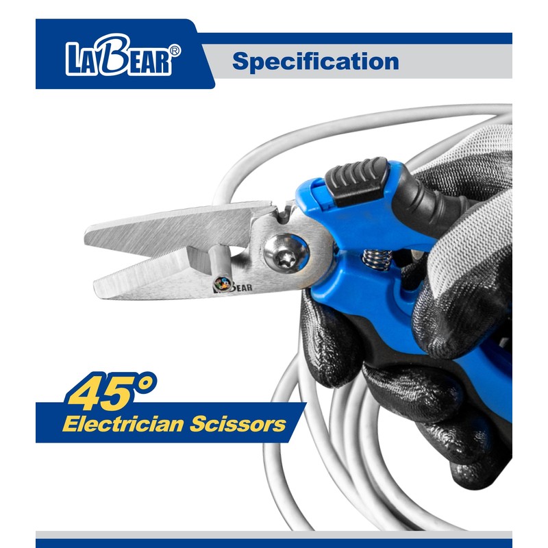 LABEAR- 7" Angled Electricians Shears, Multi-function Wire Cable Cutting Shears