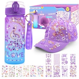 Easter Gifts for Girls 5 6 7 8 9 10 11 12 Years, DIY Drinking Bottle and Baseball Cap Unicorn Sticker DIY Glitter Gemstone Birthday School Gifts for Girls Crafts (Purple C)