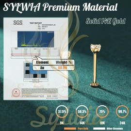 SYLWIA 14K Real Gold Lip Rings Stud, 16g Threadless Push in Ashley Piercing Lip Jewelry, Diamond CZ - 2mm 2.5mm 3mm, 18g Nose Conch Helix Tragus Labret Stud for Women Men (18g/L:6mm/CZ:3mm)