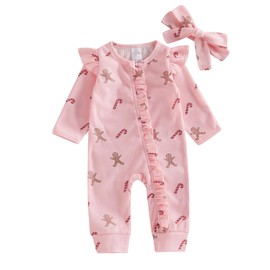 Newborn Baby Girl Christmas Outfit Waffle Knit Santa Candy Jumpsuit Romper Ruffle Bodysuit Long Overalls with Bow (Pink, Newborn)