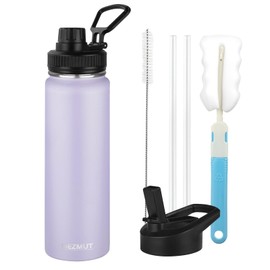 MEZMUT 24oz Insulated Water Bottle with Straw&2 Lids, Stainless Steel Water Bottles, Sports Metal Water Bottle Thermos Cup, Double Walled Vacuum Insulated Bottles Leak-Proof Travel, Purple