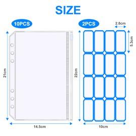 Vicloon A5 Binder Pockets, Pack of 10 Folder Pockets, 6 Holes, Transparent PVC Binder Pockets, Zip Folder, with 2 Stickers Labels, Loose Leaf Pockets for A5 Notebook Binder Planner