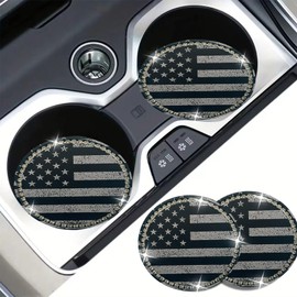 Car Cup Coasters American Flag 2.75 Inch Car Coasters 2 Pack, Bling US Flag Car Cup Coasters,Anti-Slip Automotive Car Coaster, Interior Decoration Car Accessories for Women Men (Black)