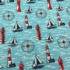 Kt KILOtela Canvas Fabric Sold by the Metre Digital Print Width 280 cm Length 50 in 50 cm Sailors Sailing Boats Lighthouses Blue Red White