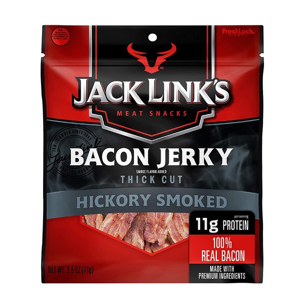 Jack Link’s Bacon Jerky, Hickory Smoked, 2.5 oz. Bag – Flavorful Ready to Eat Meat Snack with 11g of Protein, Made with 100% Thick Cut, Real Bacon – Trans Fat Free