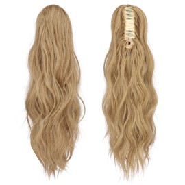 FESHFEN Ponytail Extensions, Long Claw Clip in Ponytail Hairpiece Synthetic Blonde & Ash Blonde Mixed Pony Tails Hair Piece Ponytail with Claw Clip Natural Wavy Hairpieces for Women, 20 inch