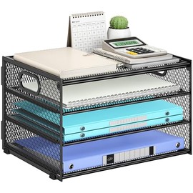 SUBEKYU Organizador de bandeja de cartas de papel para escritorio, organizador clasificador de archivos de escritorio de malla metálica negra con asa 