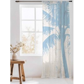 Blue Coastal Palm Trees Chiffon Sheer Curtain, Silhouette Retro Farm Beige Wood Grain Rod Pocket Window Panel Light Filtering Privacy Voile Window Treatment for Living Room Bedroom 52"x84" 1 Panel