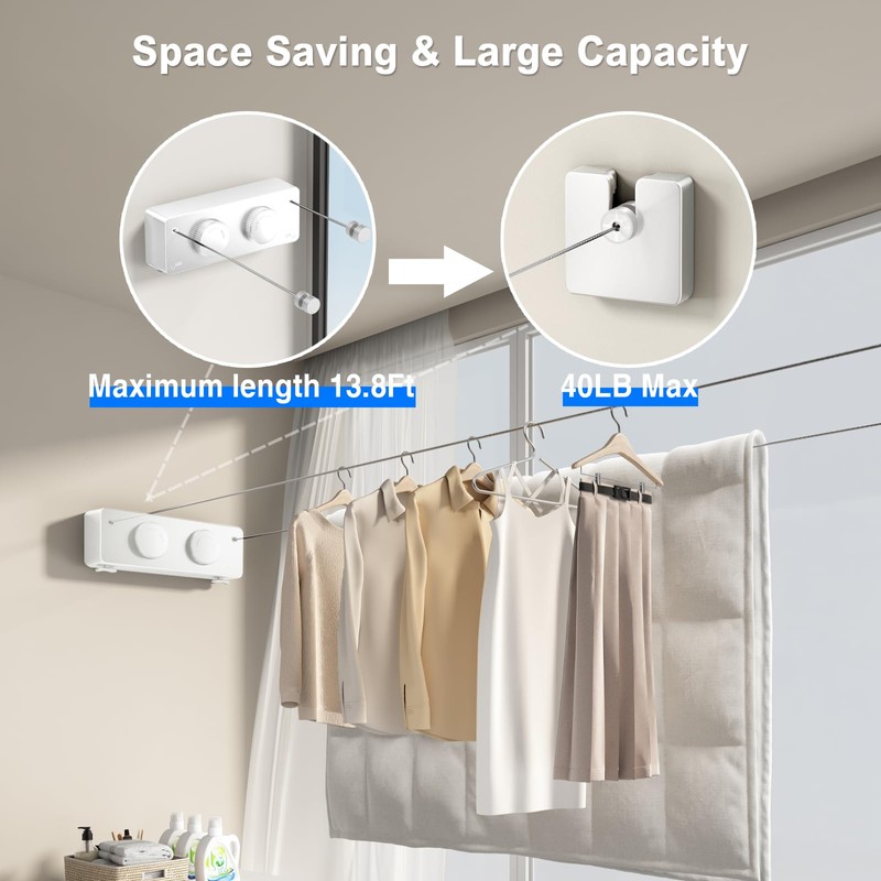 MUSTORN Retractable Clothesline Indoor, Non-Sagging Twin Clothes Line Retracting Outdoor