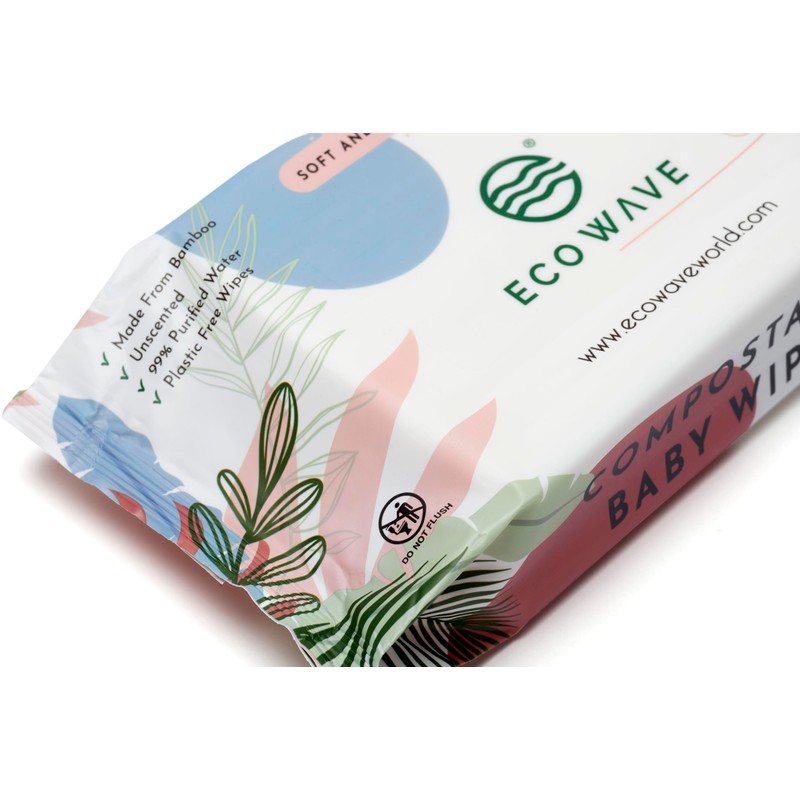 Eco Wave Baby Wipes, 100% Compostable Eco-Friendly Bamboo Wipes, Unscented,