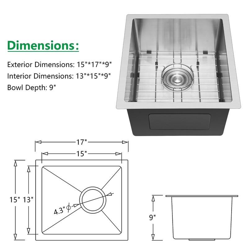 Herogo 15×17 Inch Undermount Kitchen Sink, Stainless Steel Wet Bar