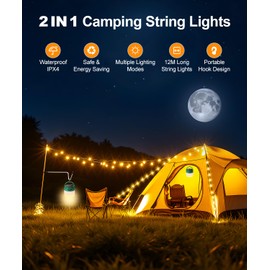 Camping String Light 12M/39.3FT, 2 in 1 Solar & USB Retractable Camping Fairy Lights Reel with 8 Lighting Modes, Waterproof Camping Lights with 2 Lighting Levels & SOS Mode for Tent Yard RV Party