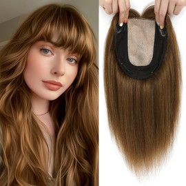 OLLAVO Hair Toppers for Women Real Human Hair, 360° 3D Toppers Pieces for Women with Thinning Crown Wispy Bangs 12 Inch Upgrade Big Basement (Light Brown, 12 Inch Wispy Bangs)